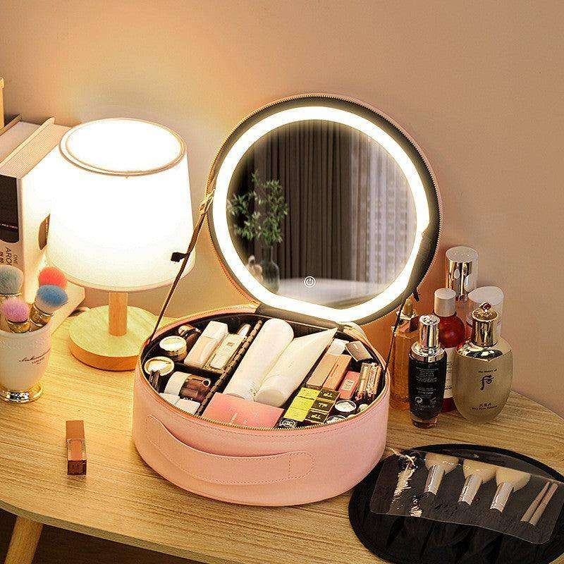 LED Makeup Bag w/ Mirror Lights Beauty Organizer PU Leather Cosmetic Case