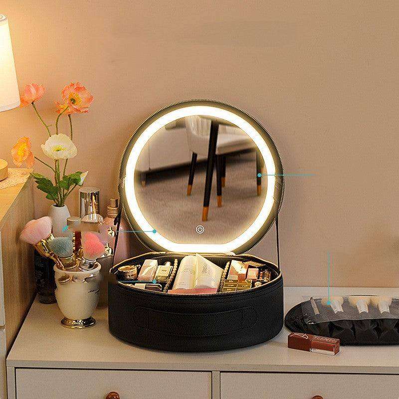 LED Makeup Bag w/ Mirror Lights Beauty Organizer PU Leather Cosmetic Case