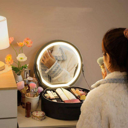 LED Makeup Bag w/ Mirror Lights Beauty Organizer PU Leather Cosmetic Case