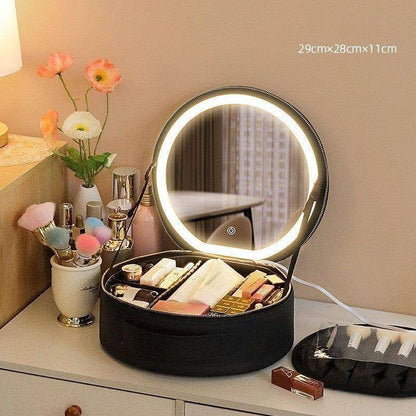 LED Makeup Bag w/ Mirror Lights Beauty Organizer PU Leather Cosmetic Case